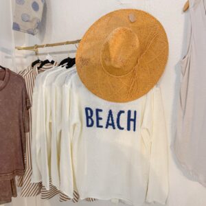 White Sweater with Blue Beach Lettering